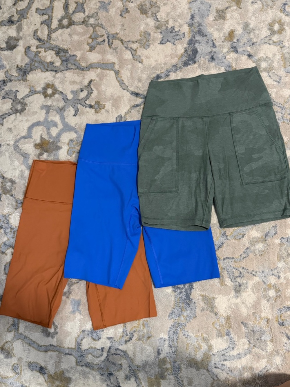 aerie Bike Shorts Trio: Olive Camo, Royal Blue, Rust Orange